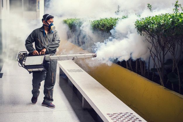Professional technician performing fumigation services and termite treatment at a residential property.