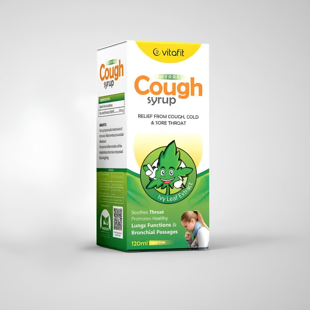 Bottle of dry cough syrup available at Vitafit Online for effective cough relief.