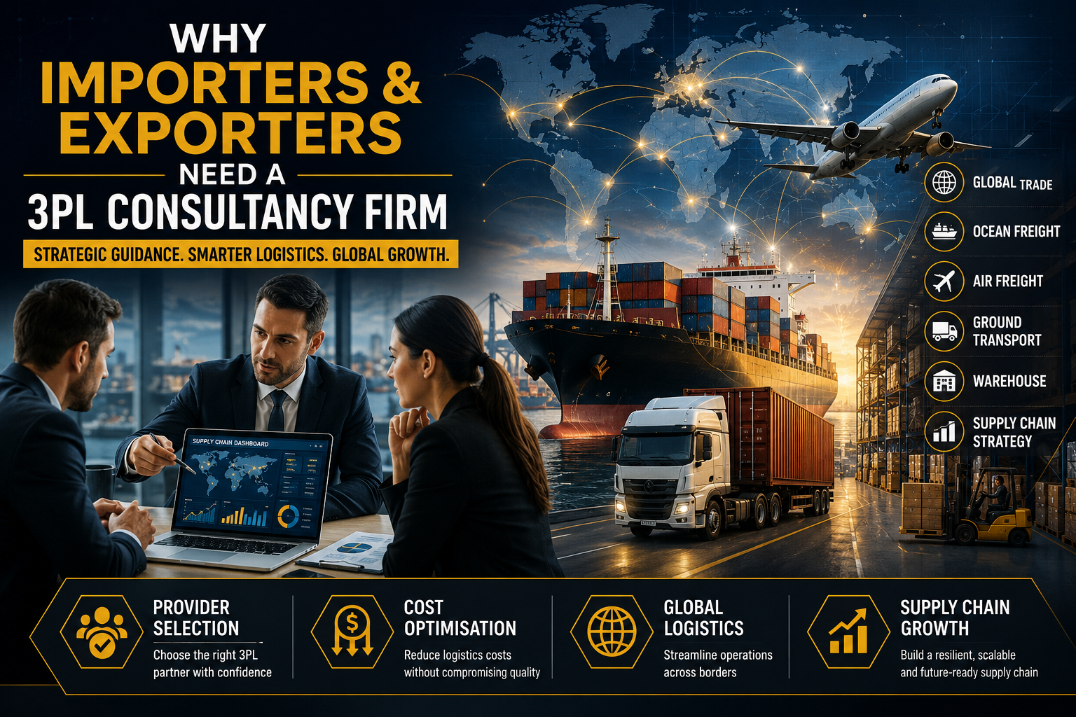 Best 3PL consultancy firm for importers and exporters featuring global supply chain strategy, cargo ship, freight truck, air freight, warehouse operations, and international logistics consulting.