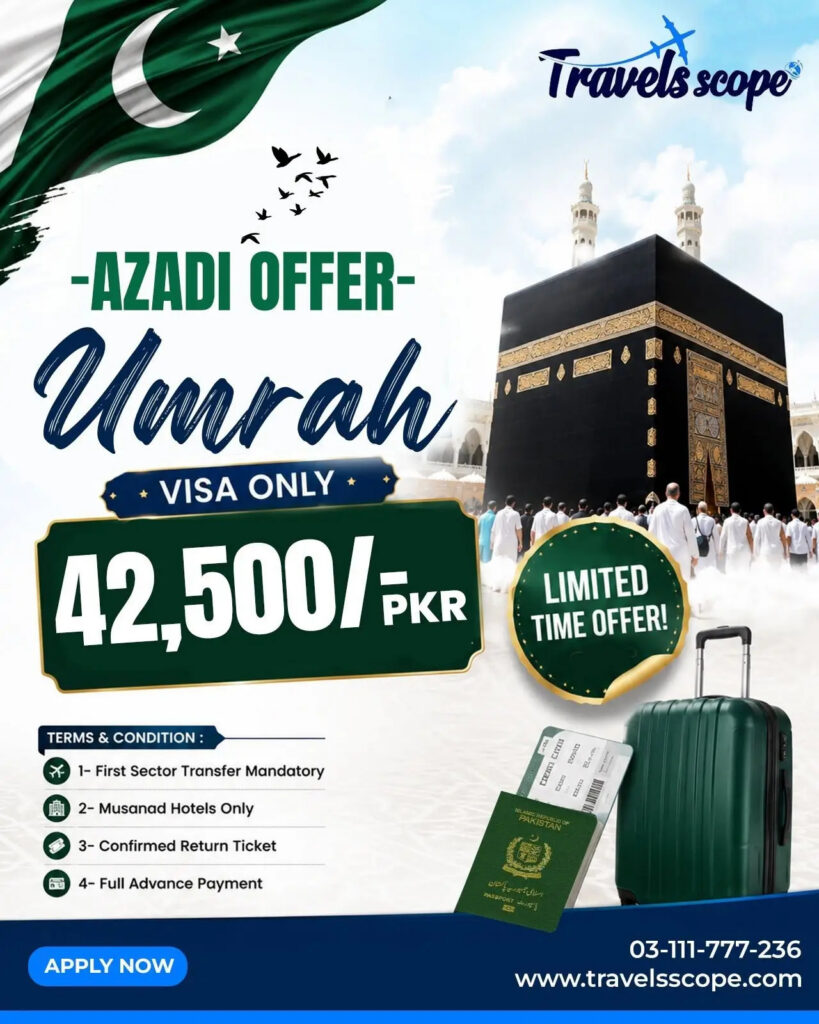 Pilgrims performing Umrah in Makkah with premium accommodation arranged through Travels Scope.
